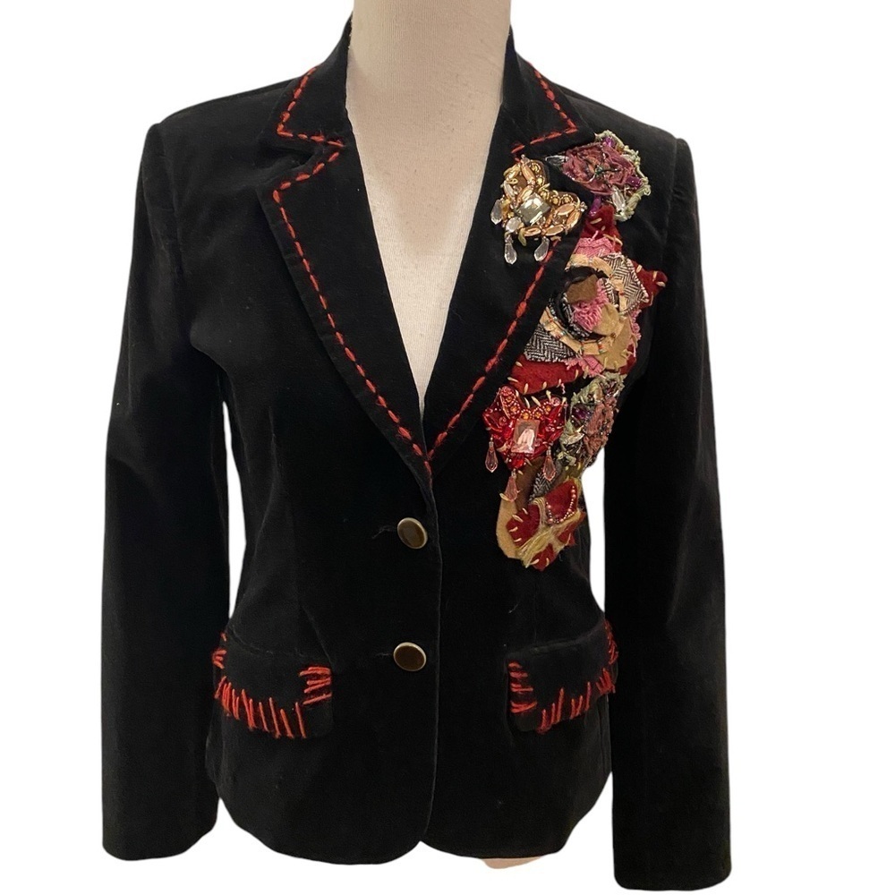 Cache Velveteen Boho Hippie Art-Wear Patchwork Jeweled Funky Blazer Jacket Sz. M